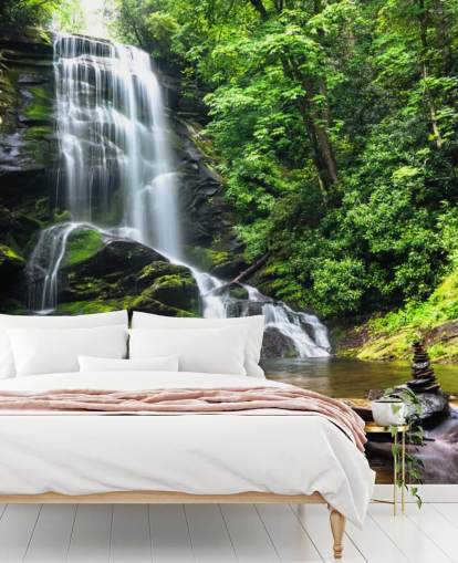 mural verde personalizado de papel pintado de bosque llamado Zen Waterfall para salas de estar