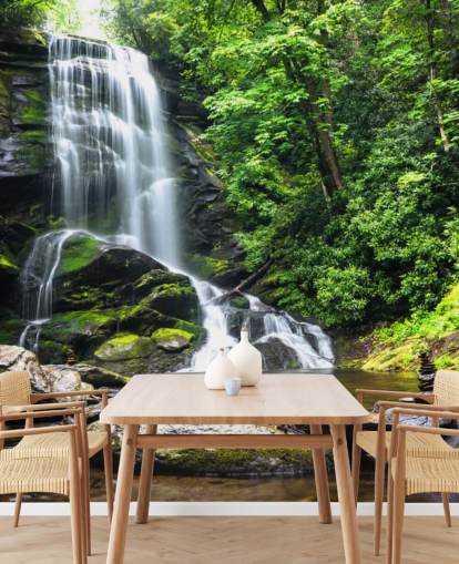 grünes kundenspezifisches Waldtapeten-Wandbild namens Zen-Wasserfall für Wohnzimmer