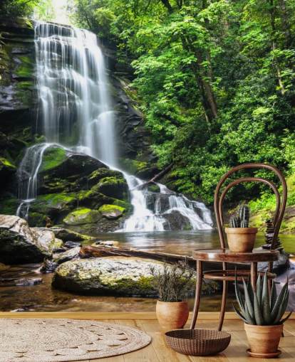 carta da parati murale verde personalizzata con foresta chiamata Zen Waterfall per salotti