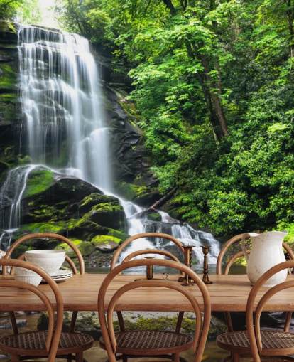 green custom forest wallpaper mural called Zen Waterfall for living rooms