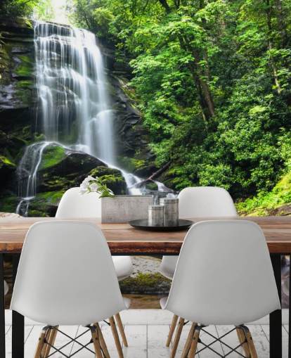 mural verde personalizado de papel pintado de bosque llamado Zen Waterfall para salas de estar