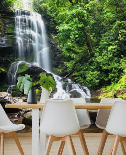 mural de papel de parede florestal personalizado verde chamado Zen Waterfall para salas de estar