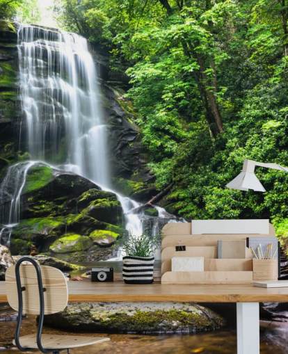 mural de papel de parede florestal personalizado verde chamado Zen Waterfall para salas de estar