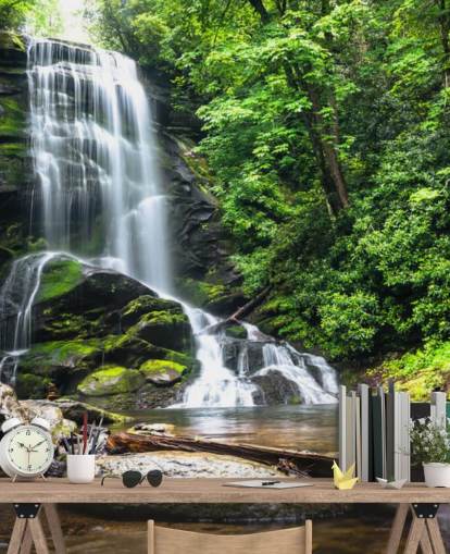 grønt brugerdefineret skov tapetmaleri kaldet Zen Waterfall til stuer
