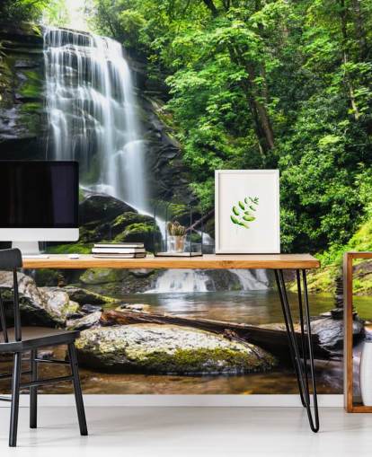 mural verde personalizado de papel pintado de bosque llamado Zen Waterfall para salas de estar