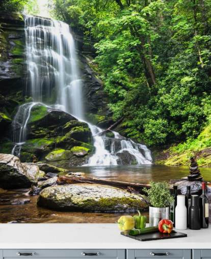 green custom forest wallpaper mural called Zen Waterfall for living rooms