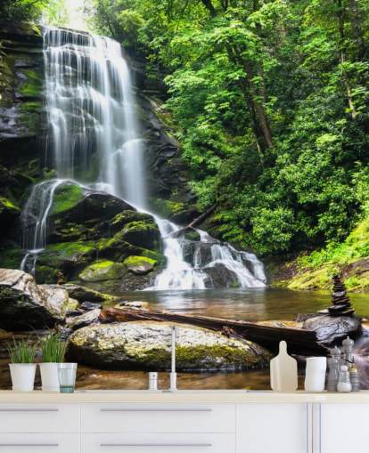 green custom forest wallpaper mural called Zen Waterfall for living rooms green custom forest wallpaper mural called Zen Waterfall for living rooms