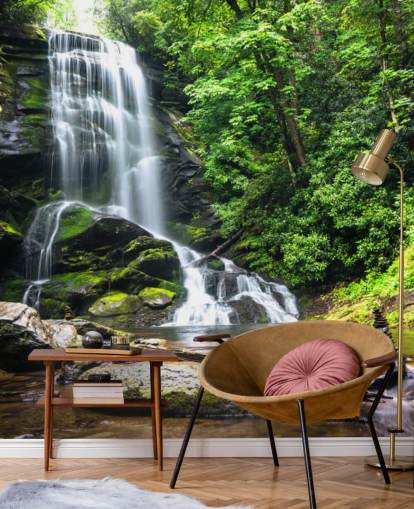 grünes kundenspezifisches Waldtapeten-Wandbild namens Zen-Wasserfall für Wohnzimmer