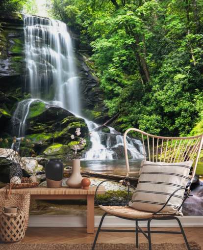 vihreä mukautettu metsätaustakuvamaalaus nimeltä Zen Waterfall olohuoneisiin vihreä mukautettu metsätaustakuvamaalaus nimeltä Zen Waterfall olohuoneisiin