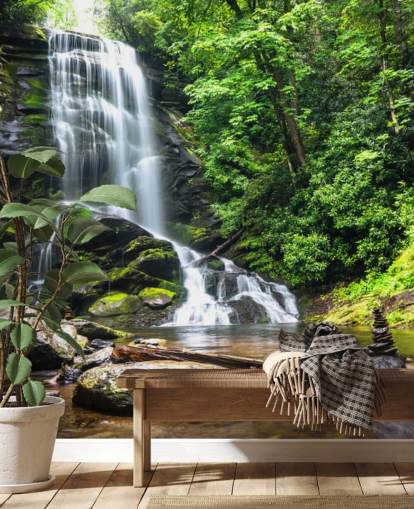 carta da parati murale verde personalizzata con foresta chiamata Zen Waterfall per salotti carta da parati murale verde personalizzata con foresta chiamata Zen Waterfall per salotti