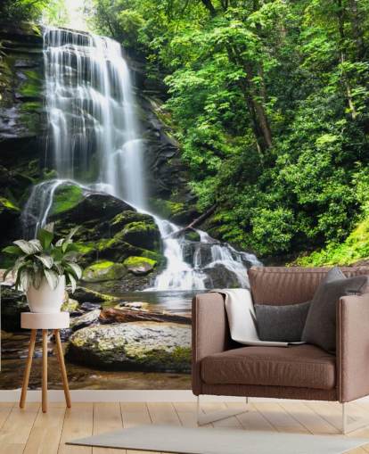 mural verde personalizado de papel pintado de bosque llamado Zen Waterfall para salas de estar