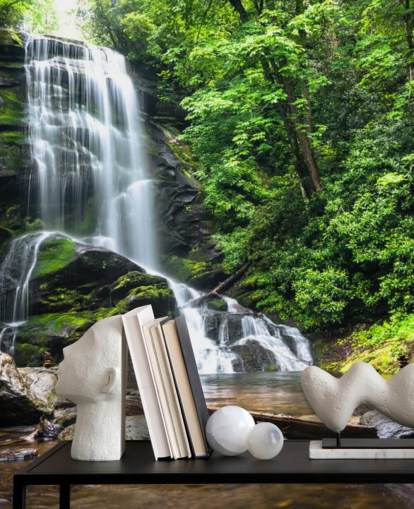 green custom forest wallpaper mural called Zen Waterfall for living rooms