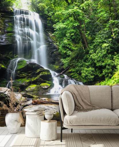 mural verde personalizado de papel pintado de bosque llamado Zen Waterfall para salas de estar