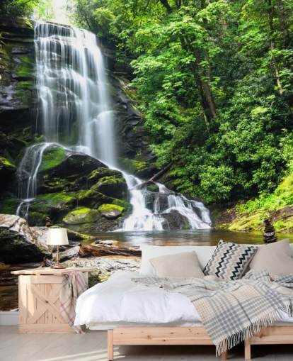 grønt brugerdefineret skov tapetmaleri kaldet Zen Waterfall til stuer grønt brugerdefineret skov tapetmaleri kaldet Zen Waterfall til stuer