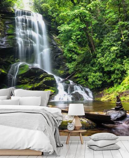 grønt tilpasset skogtapet veggmaleri kalt Zen Waterfall for stuer