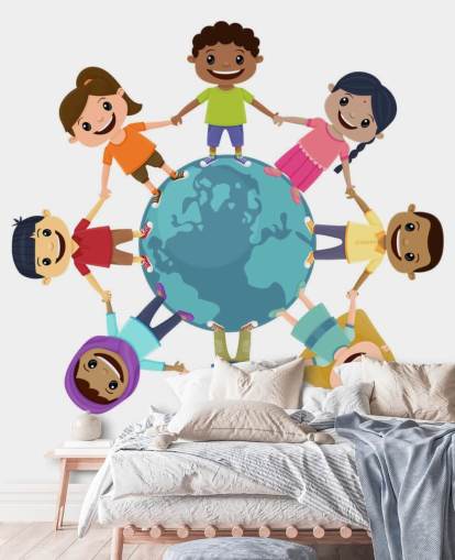 Poster murale Bambini sorridenti che si tengono per mano in tutto il mondo per scuole