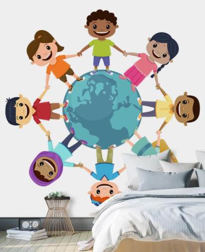 Mural de pared para escuelas de niños sonrientes cogidos de la mano en todo el mundo Mural de pared para escuelas de niños sonrientes cogidos de la mano en todo el mundo
