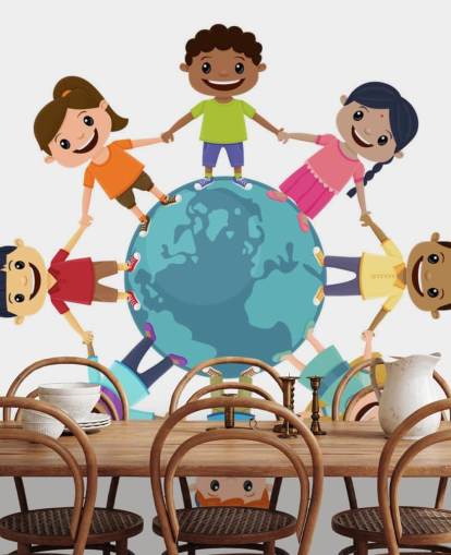 Smiling Children Holding Hands Around the World wall mural for schools