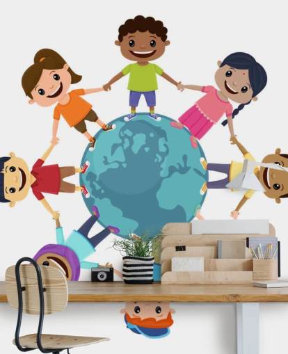 Poster murale Bambini sorridenti che si tengono per mano in tutto il mondo per scuole