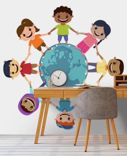 Smiling Children Holding Hands Around the World wall mural for schools
