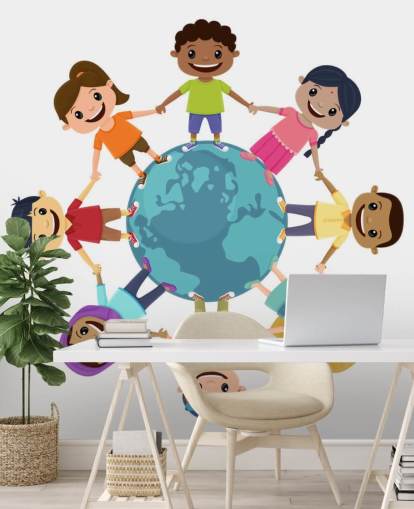 Poster murale Bambini sorridenti che si tengono per mano in tutto il mondo per scuole