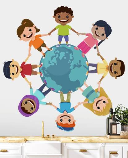 Mural de pared para escuelas de niños sonrientes cogidos de la mano en todo el mundo Mural de pared para escuelas de niños sonrientes cogidos de la mano en todo el mundo