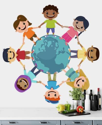Smiling Children Holding Hands Around the World wall mural for schools Smiling Children Holding Hands Around the World wall mural for schools