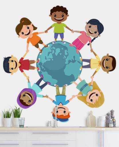Mural de pared para escuelas de niños sonrientes cogidos de la mano en todo el mundo