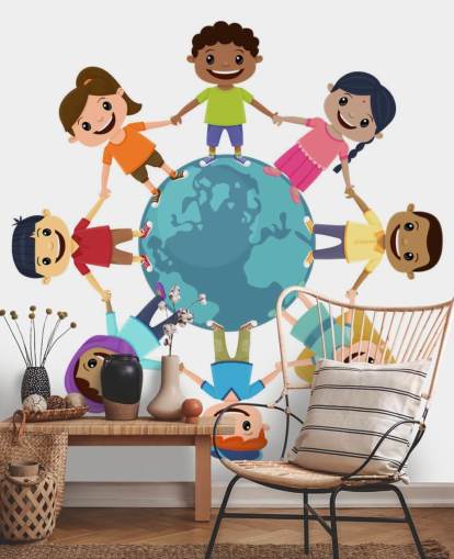 Smiling Children Holding Hands Around the World wall mural for schools Smiling Children Holding Hands Around the World wall mural for schools