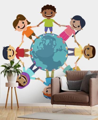Décoration murale d'enfants souriants se tenant la main dans le monde entier pour les écoles