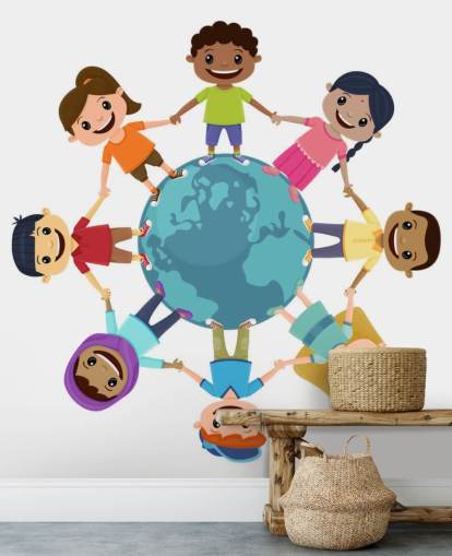 Smiling Children Holding Hands Around the World muurschildering voor scholen