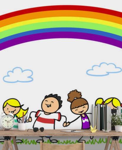 Hand in hand onder regenboog muurschildering