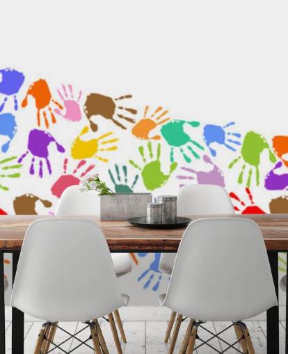 Kleurrijke golf van handafdrukken muurschildering Kleurrijke golf van handafdrukken muurschildering