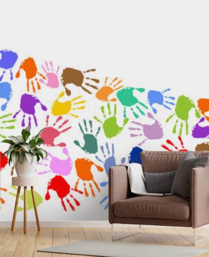 Mural de parede colorido onda de impressões de mãos