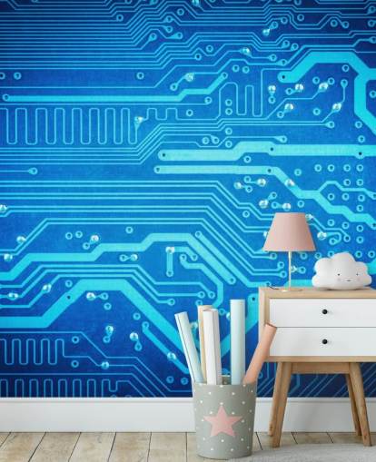papel pintado azul personalizable para videojuegos llamado Circuit Board para dormitorios de adolescentes