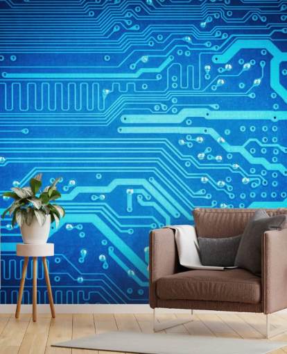 papel de parede azul personalizável para jogos chamado Circuit Board para quartos de adolescentes
