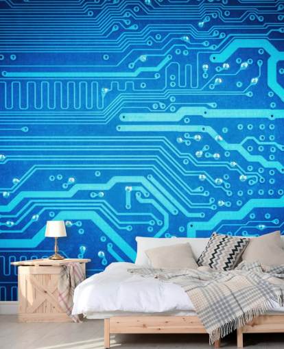 papel de parede azul personalizável para jogos chamado Circuit Board para quartos de adolescentes