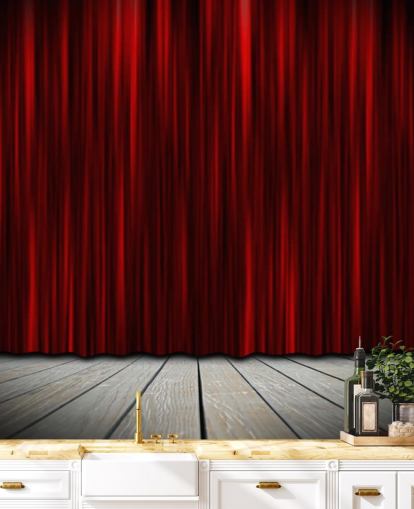 Theater Stage with Red Curtains in Spotlight Theatre Stage Wallpaper 
