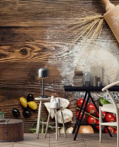 Mural de pared Masa de pan, tomates y rodillo Mural de pared Masa de pan, tomates y rodillo