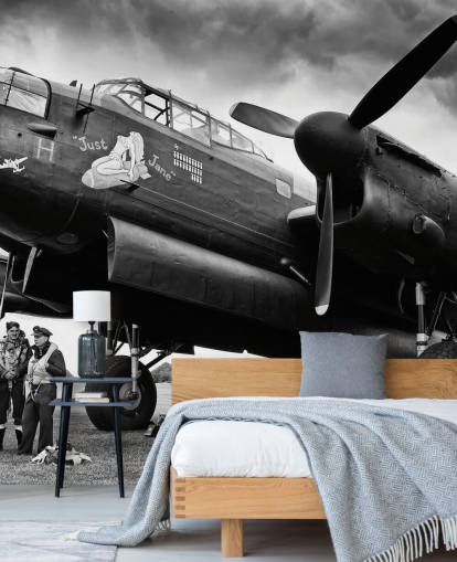 mustavalkoinen RAF-taustakuvamaalaus nimeltä Avro Lancaster and Crew toimistoihin, olohuoneisiin ja yrityksiin