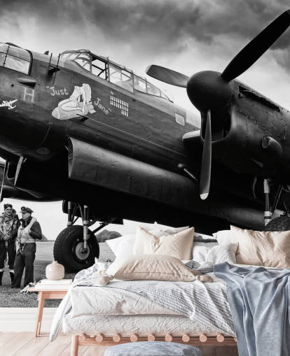 svart-hvitt RAF tapetmaleri kalt Avro Lancaster and Crew for kontorer, stuer og bedrifter