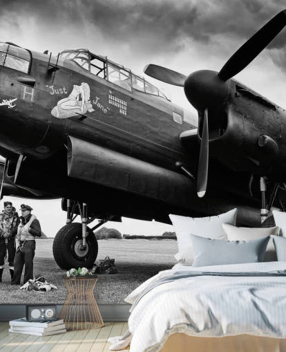 svart-hvitt RAF tapetmaleri kalt Avro Lancaster and Crew for kontorer, stuer og bedrifter