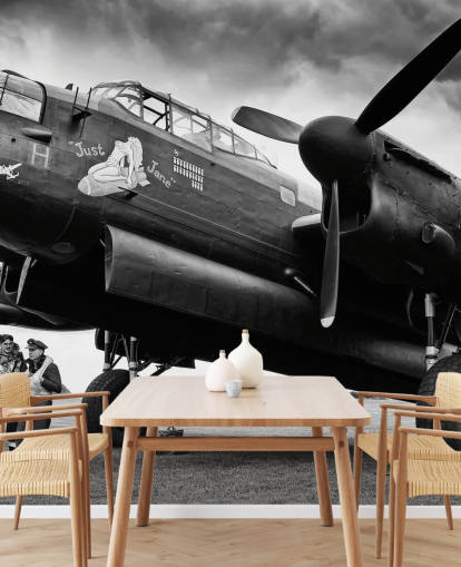 black and white RAF wallpaper mural called Avro Lancaster and Crew for offices, living rooms and businesses