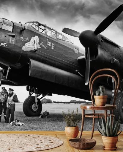 black and white RAF wallpaper mural called Avro Lancaster and Crew for offices, living rooms and businesses