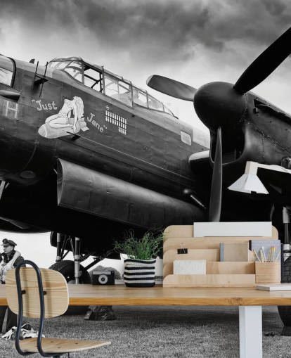 black and white RAF wallpaper mural called Avro Lancaster and Crew for offices, living rooms and businesses