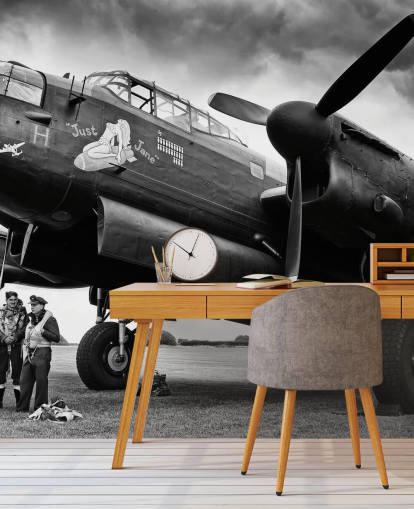 black and white RAF wallpaper mural called Avro Lancaster and Crew for offices, living rooms and businesses