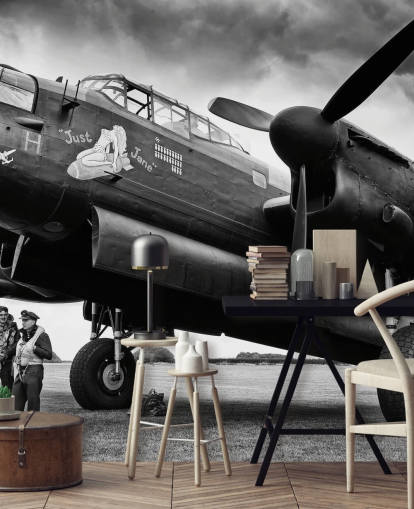 black and white RAF wallpaper mural called Avro Lancaster and Crew for offices, living rooms and businesses black and white RAF wallpaper mural called Avro Lancaster and Crew for offices, living rooms and businesses