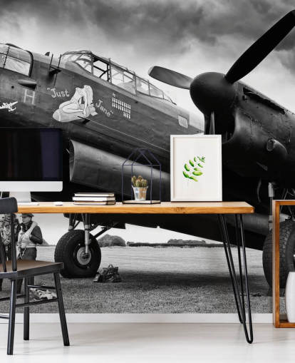 black and white RAF wallpaper mural called Avro Lancaster and Crew for offices, living rooms and businesses