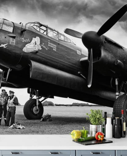 carta da parati murale RAF in bianco e nero chiamata Avro Lancaster and Crew per uffici, salotti e aziende