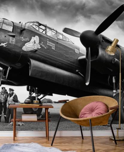 black and white RAF wallpaper mural called Avro Lancaster and Crew for offices, living rooms and businesses